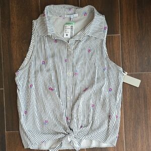 Iris Black and White Striped Blouse with Pink Accents